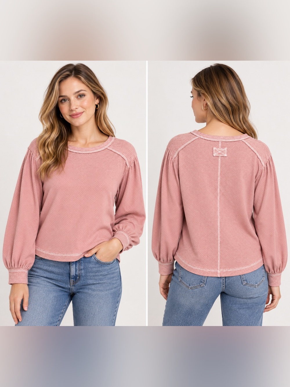 Blu Pepper Dusty Rose Textured Balloon Sleeve Top – Women’s Medium